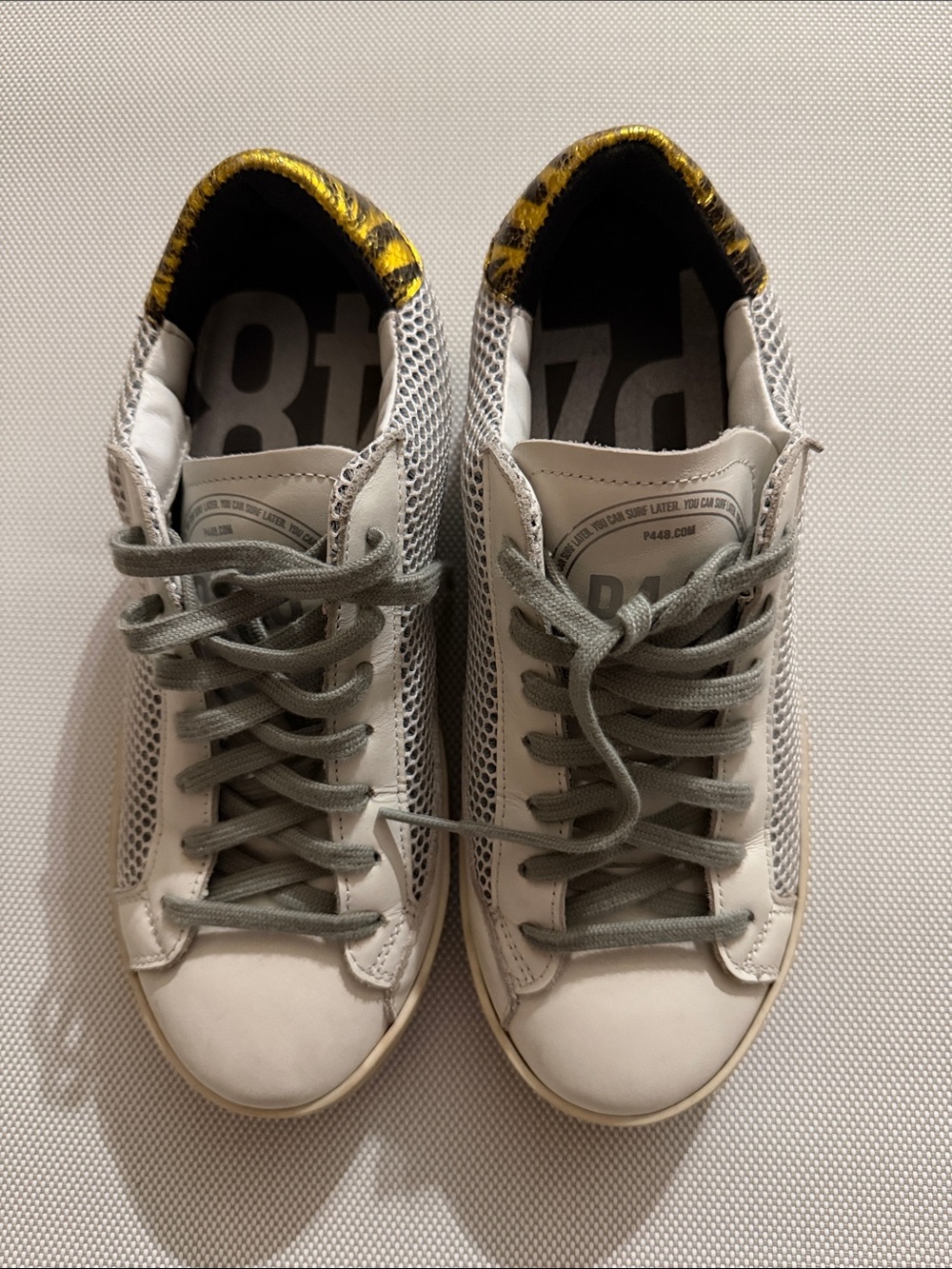P448 White Low-Top Sneakers with Yellow Heel Detail